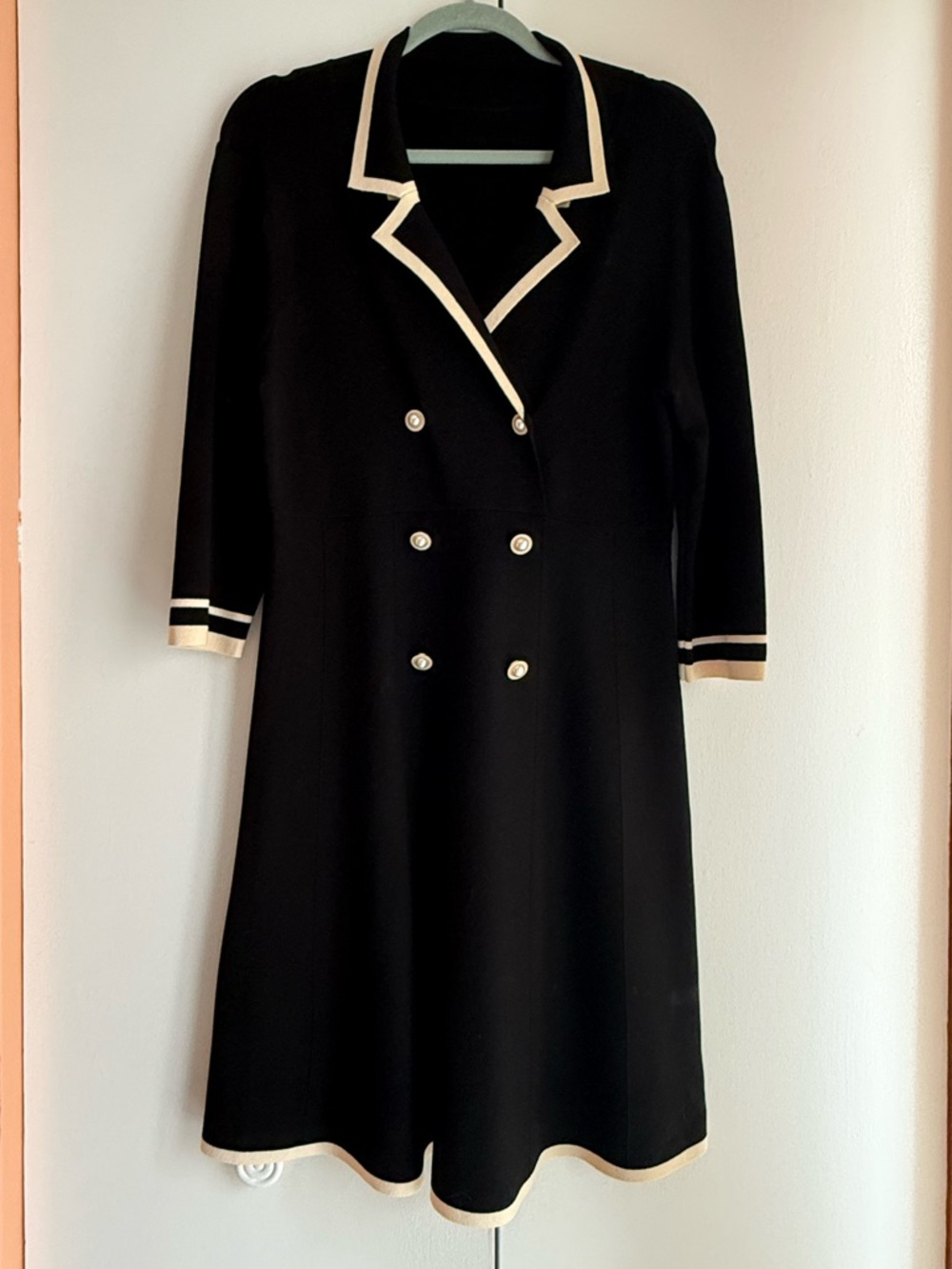 Black Dress with Cream Trim - Classic Double-Breasted Women's Dress